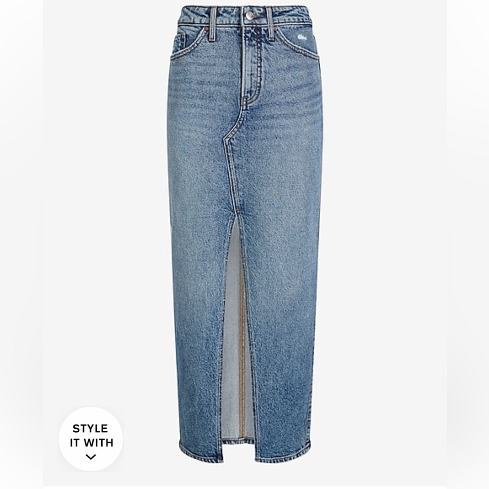 Express High Waisted Medium Wash Front Slit Maxi Denim Skirt.